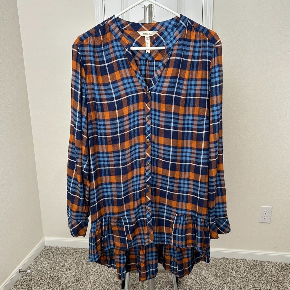 Matilda Jane Moments With You Plaid Tunic Shirt M Orange Blue Ruffle Cabincore